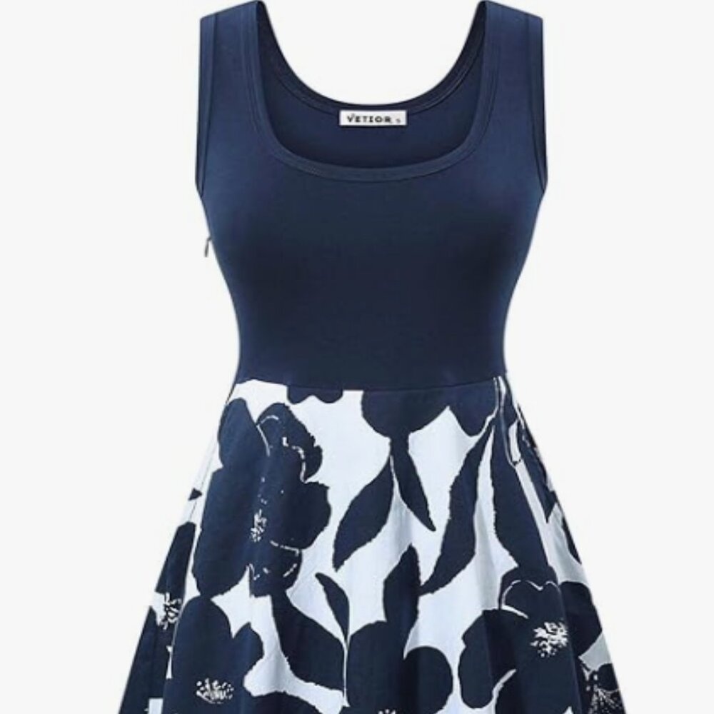 VETIOR Navy & White Floral Scoop Neck Sundress w/ Pockets – Size L – NWOT
